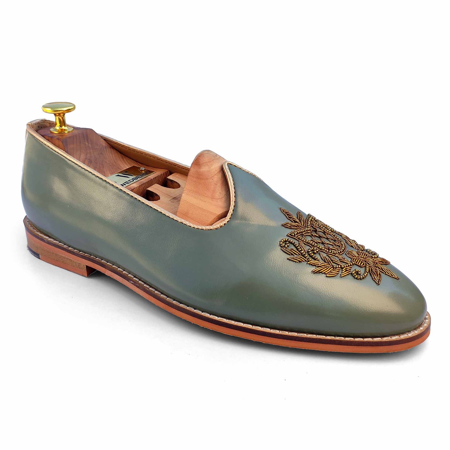 Russian Green Zardozi Handwork Wedding Ethnic Shoes Loafer for Men