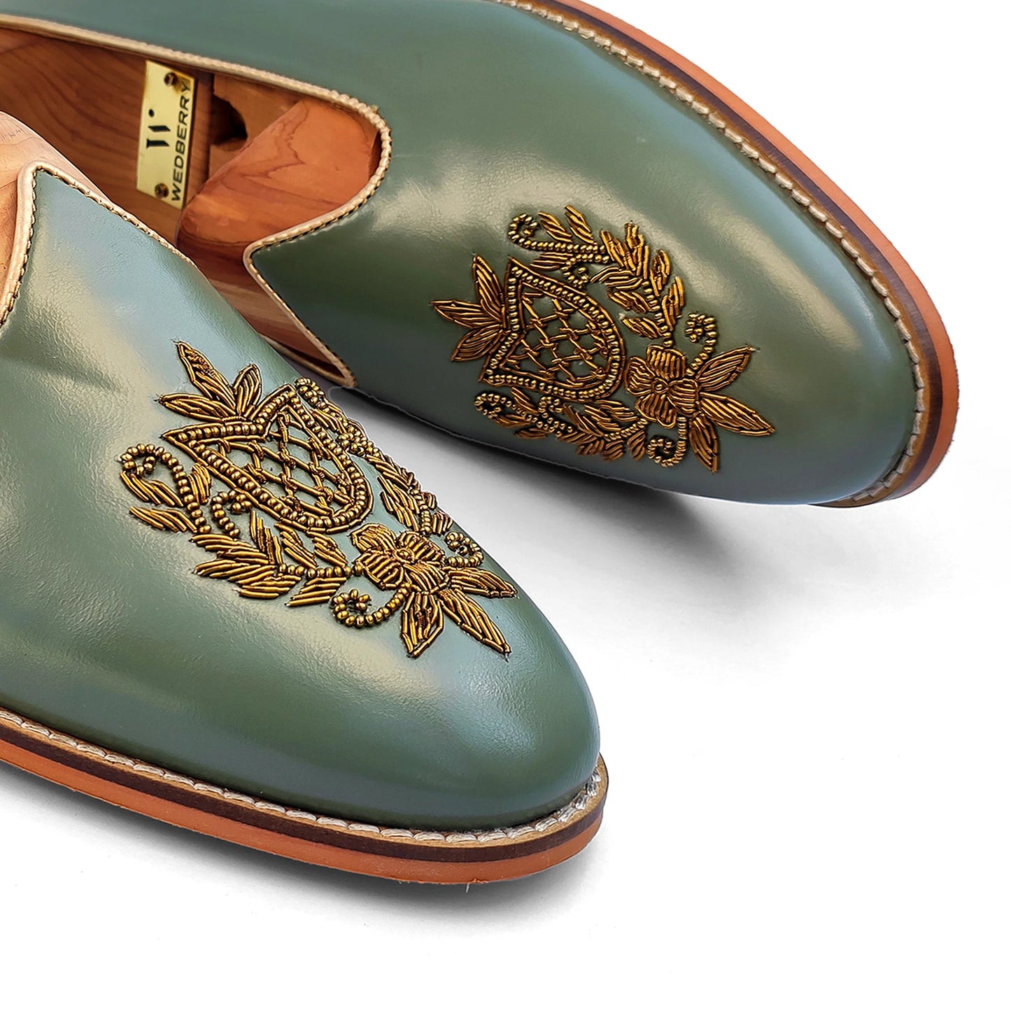 Russian Green Zardozi Handwork Wedding Ethnic Shoes Loafer for Men