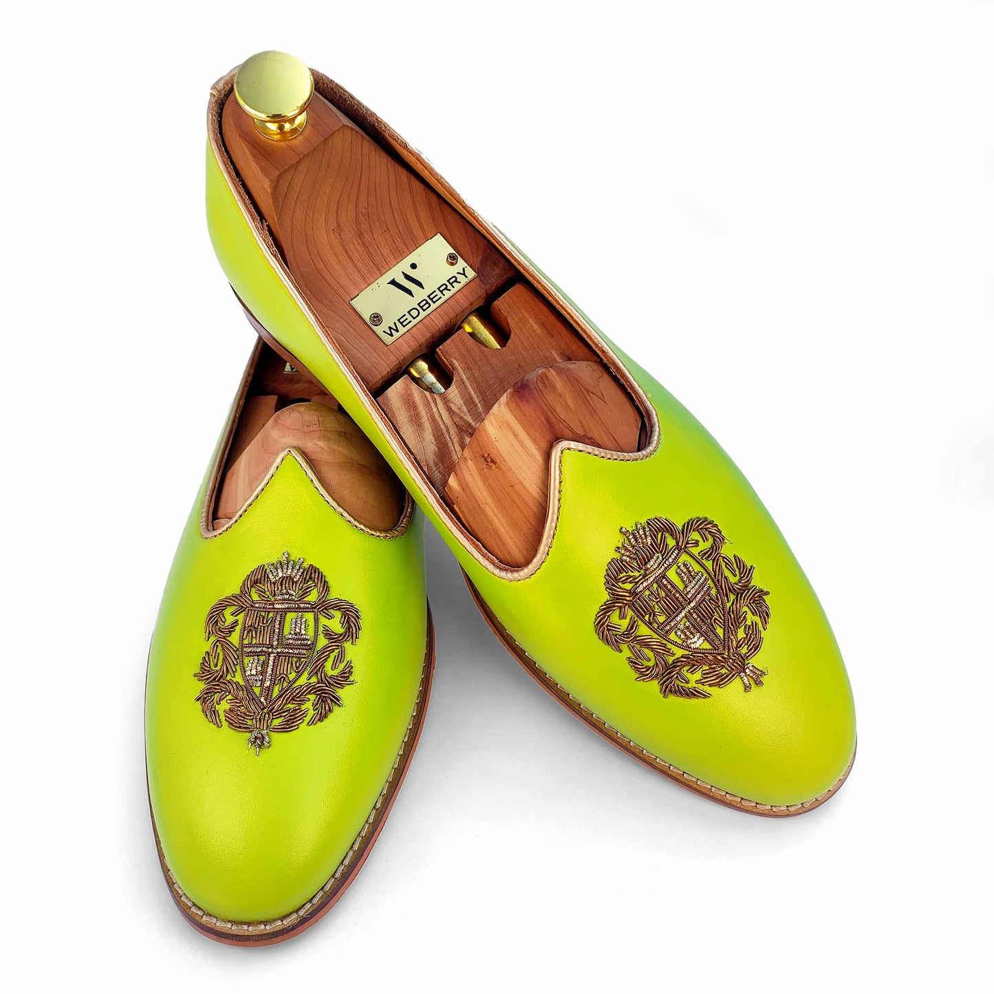 Neon Green Zardozi Handwork Wedding Ethnic Shoes Party Loafers for Men