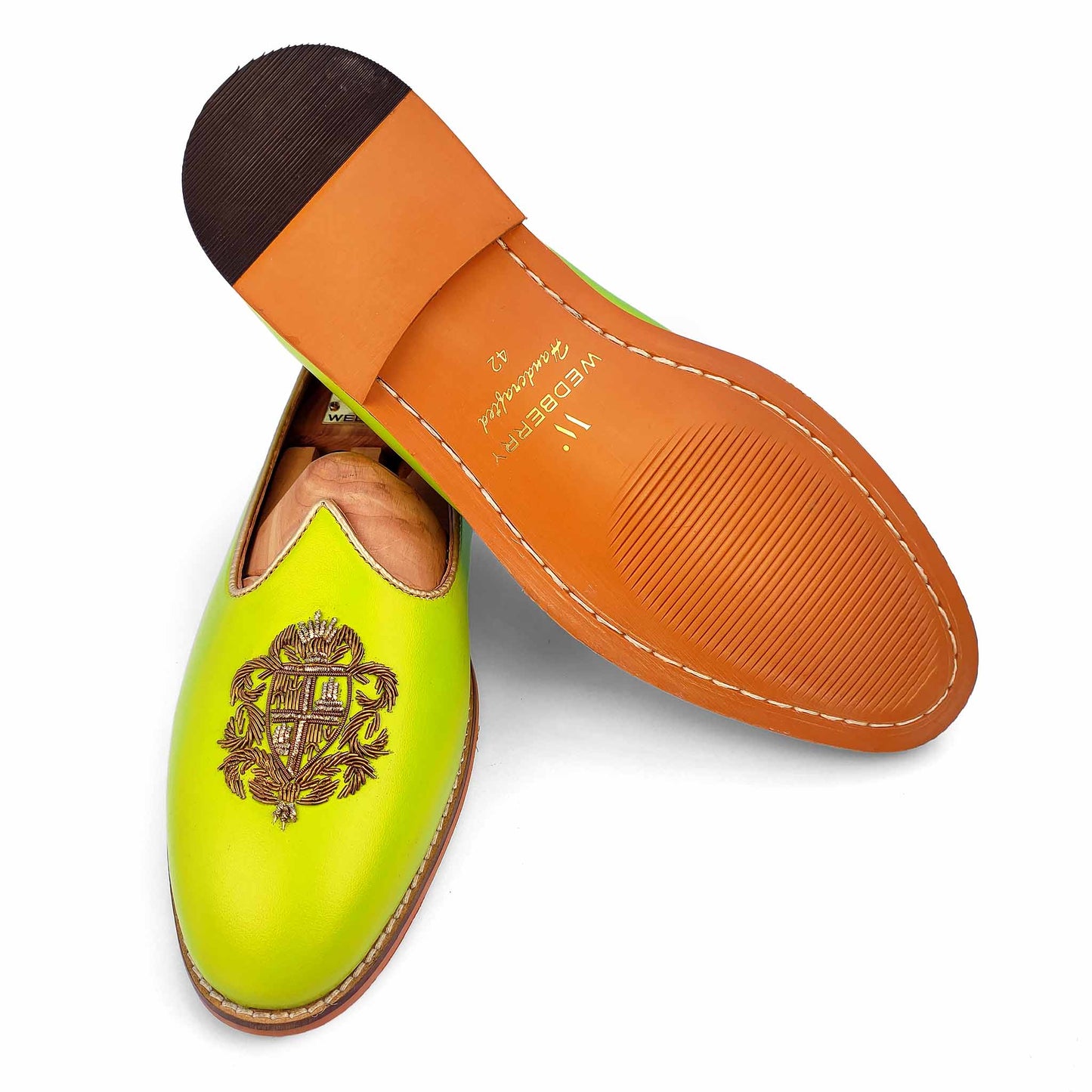 Neon Green Zardozi Handwork Wedding Ethnic Shoes Party Loafers for Men