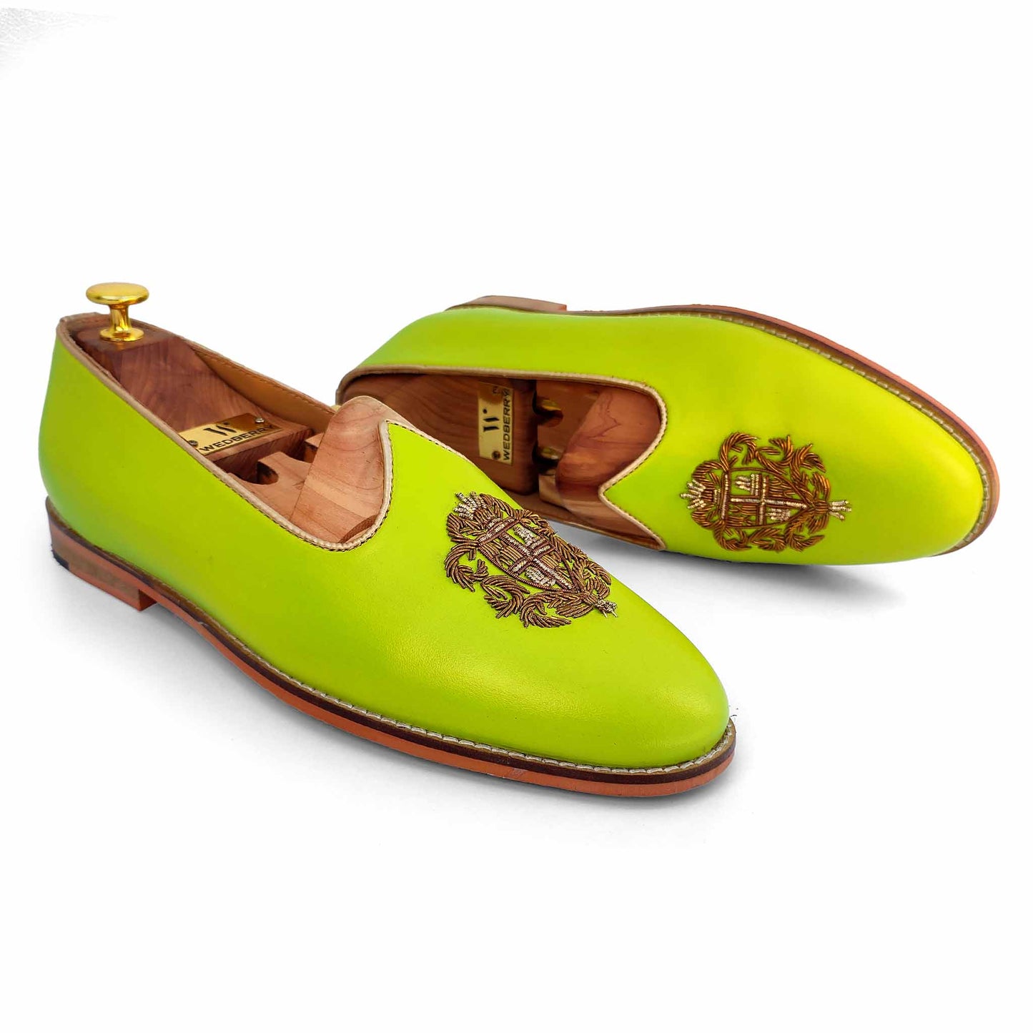 Neon Green Zardozi Handwork Wedding Ethnic Shoes Party Loafers for Men