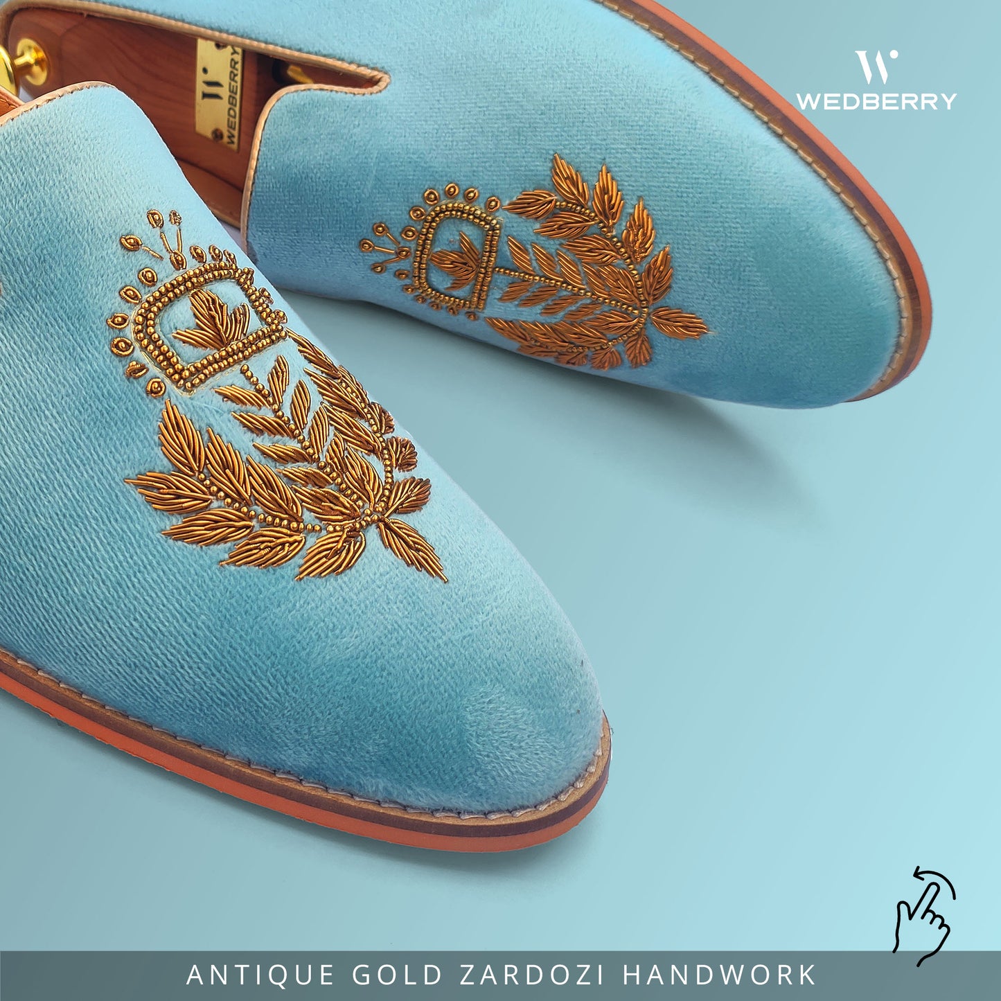 Sky Blue Velvet Zardozi Handwork Wedding Ethnic Shoes for Men