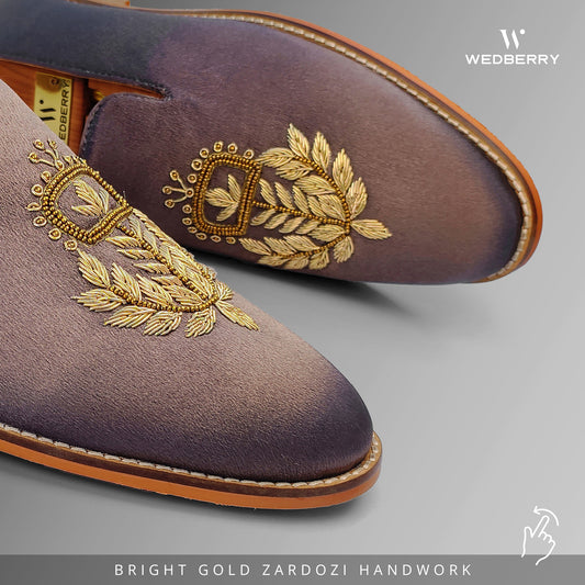 Grey Satin Zardozi Handwork Wedding Ethnic Shoes Party for Men