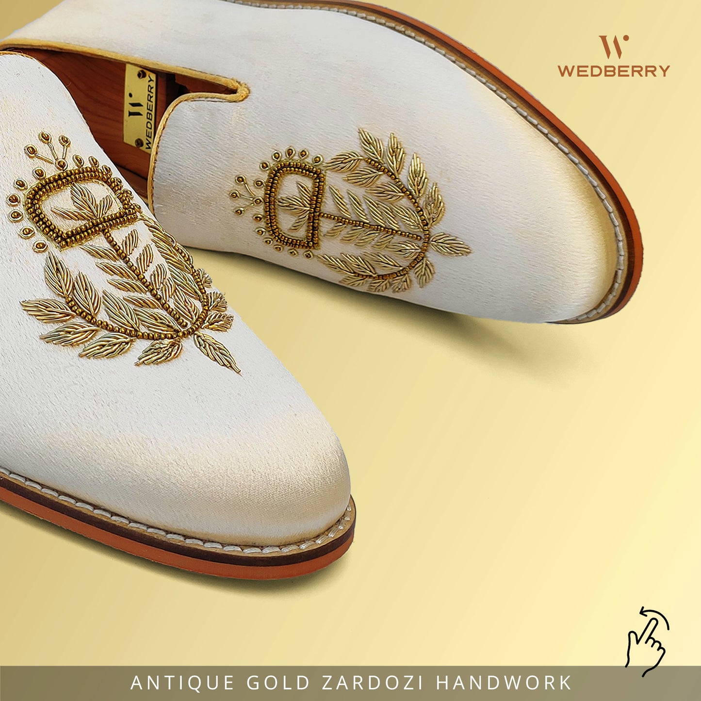 Ivory Satin Silk with Golden Zardozi Handwork Loafers for Men