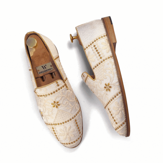 Ivory Golden Embroidery Loafer Mojari Slipon for Men
