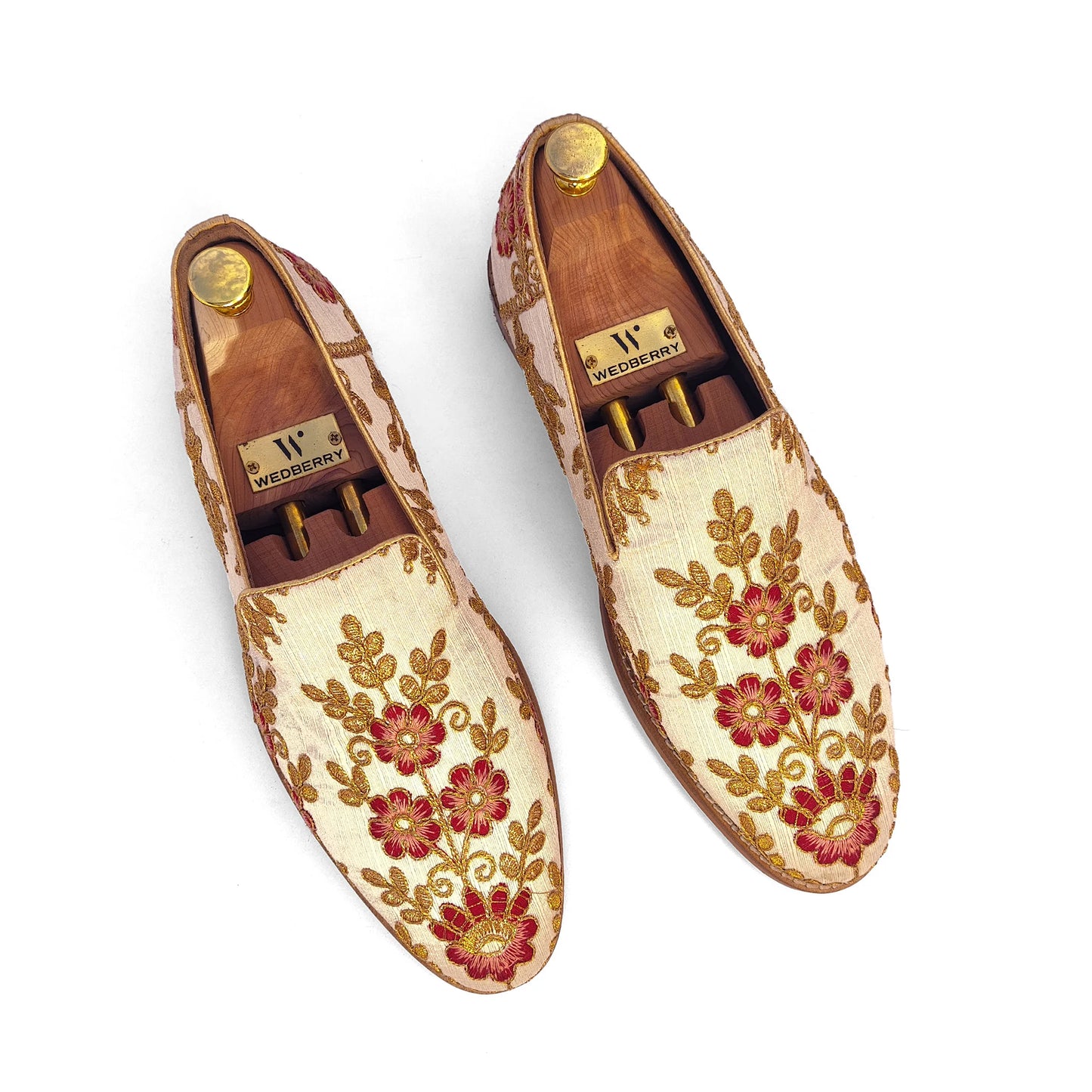 Biege Gold and Cherry Full Embroidery Loafer Mojari Slipon for Men