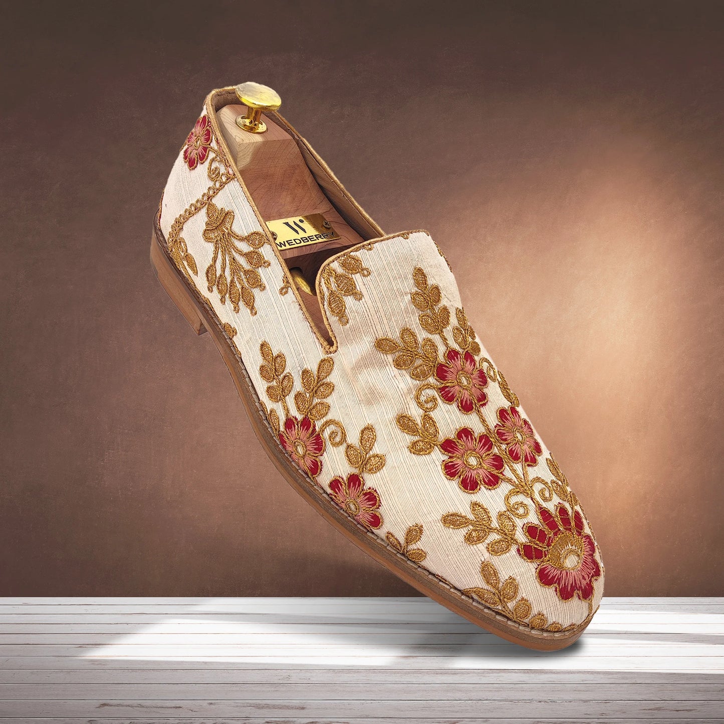 Biege Gold and Cherry Full Embroidery Loafer Mojari Slipon for Men