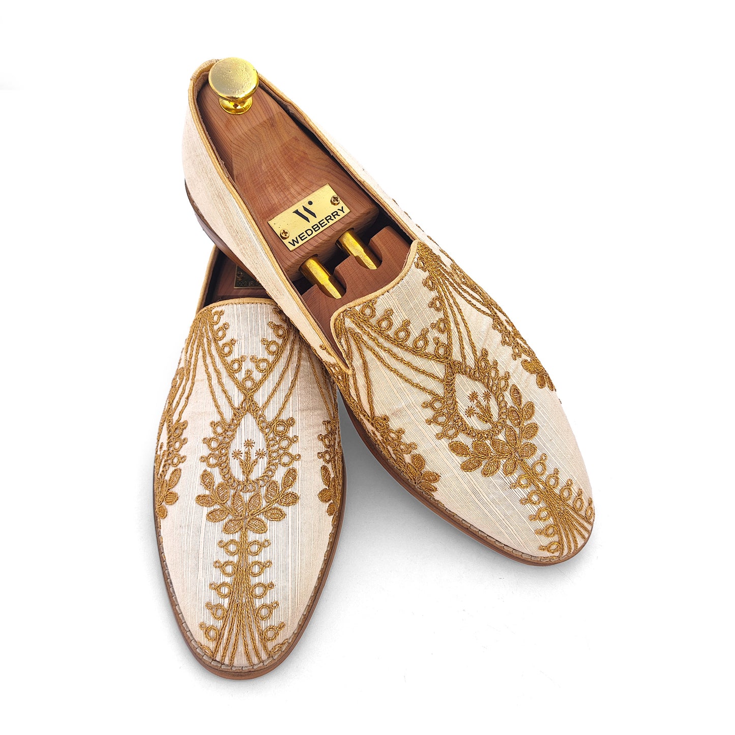 Biege with Gold Embroidery Loafer Mojari Slipon for Men