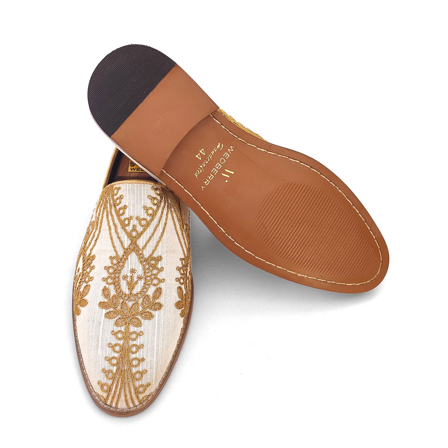 Biege with Gold Embroidery Loafer Mojari Slipon for Men