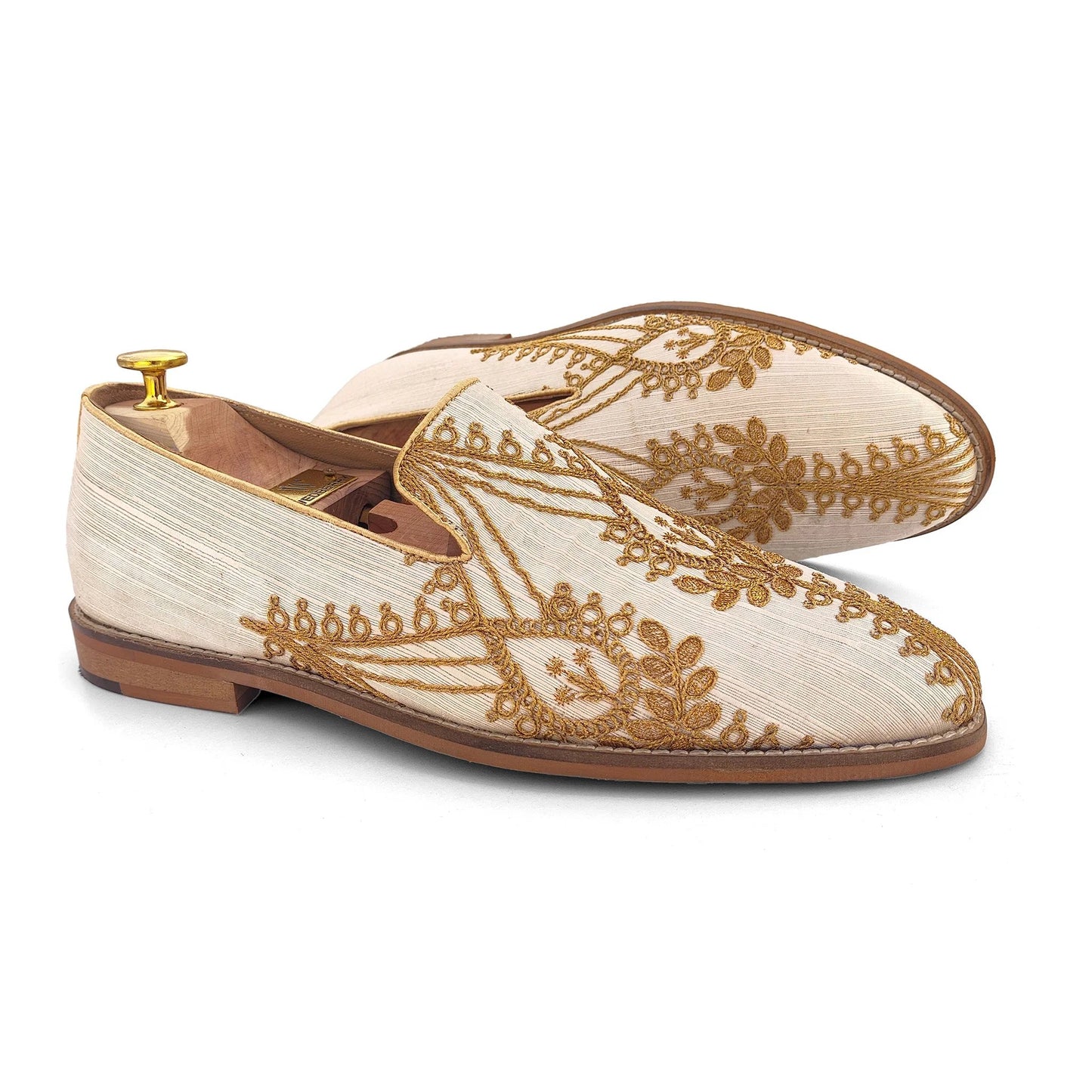 Biege with Gold Embroidery Loafer Mojari Slipon for Men
