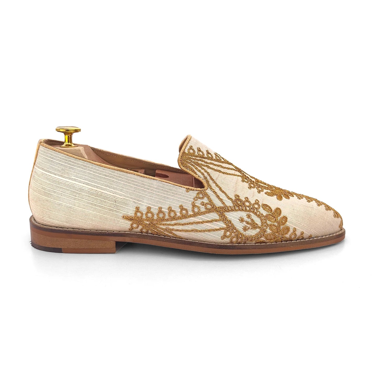 Biege with Gold Embroidery Loafer Mojari Slipon for Men