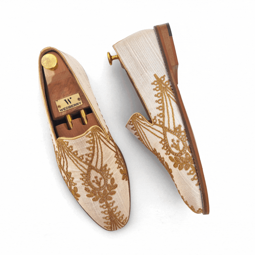 Biege with Gold Embroidery Loafer Mojari Slipon for Men