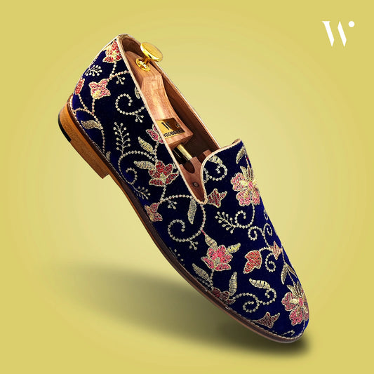 Navy Blue Embroidery Loafers Mojri for Men