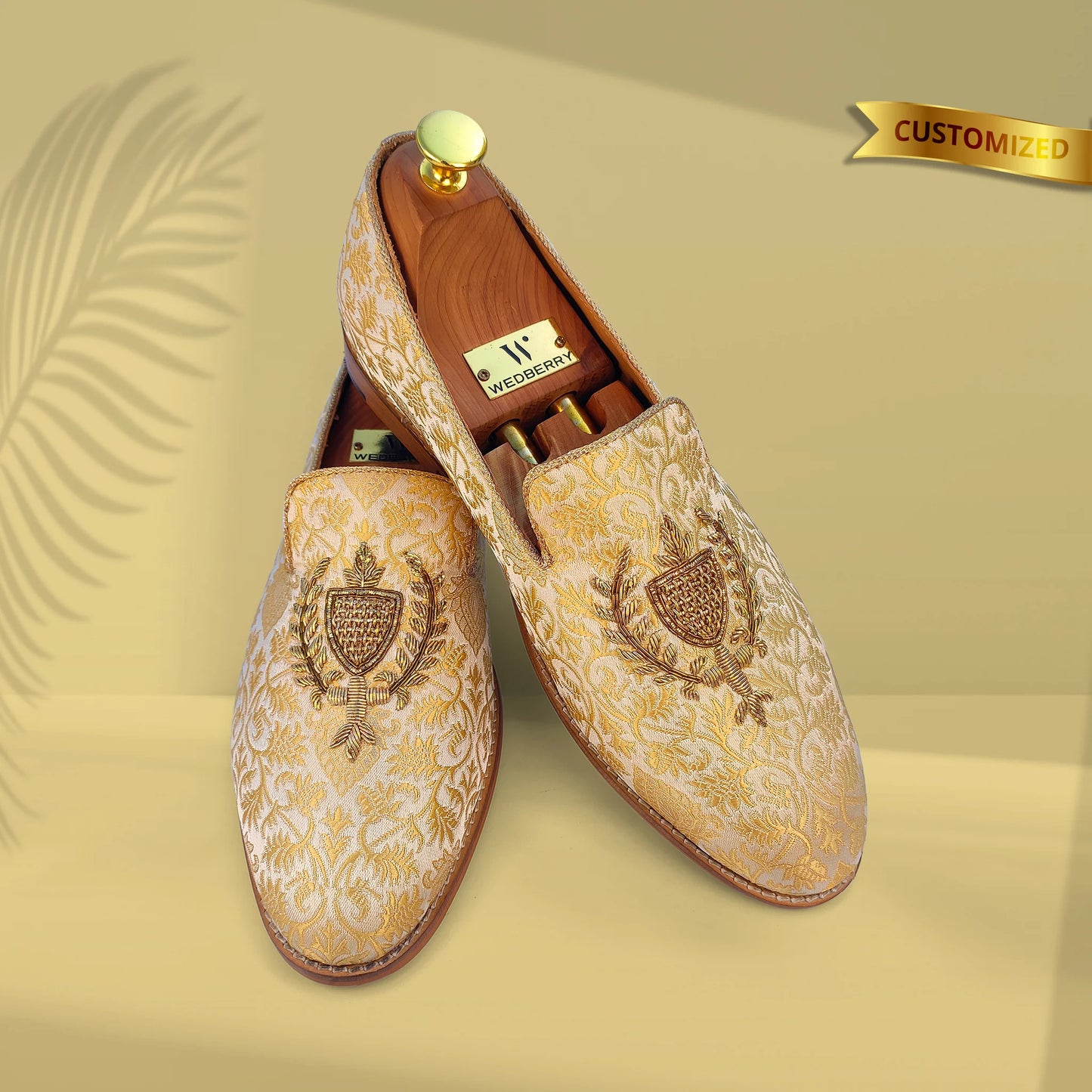 Beige and Gold Brocket Wedding Ethnic Shoes Zardozi Handwork Loafer for Men