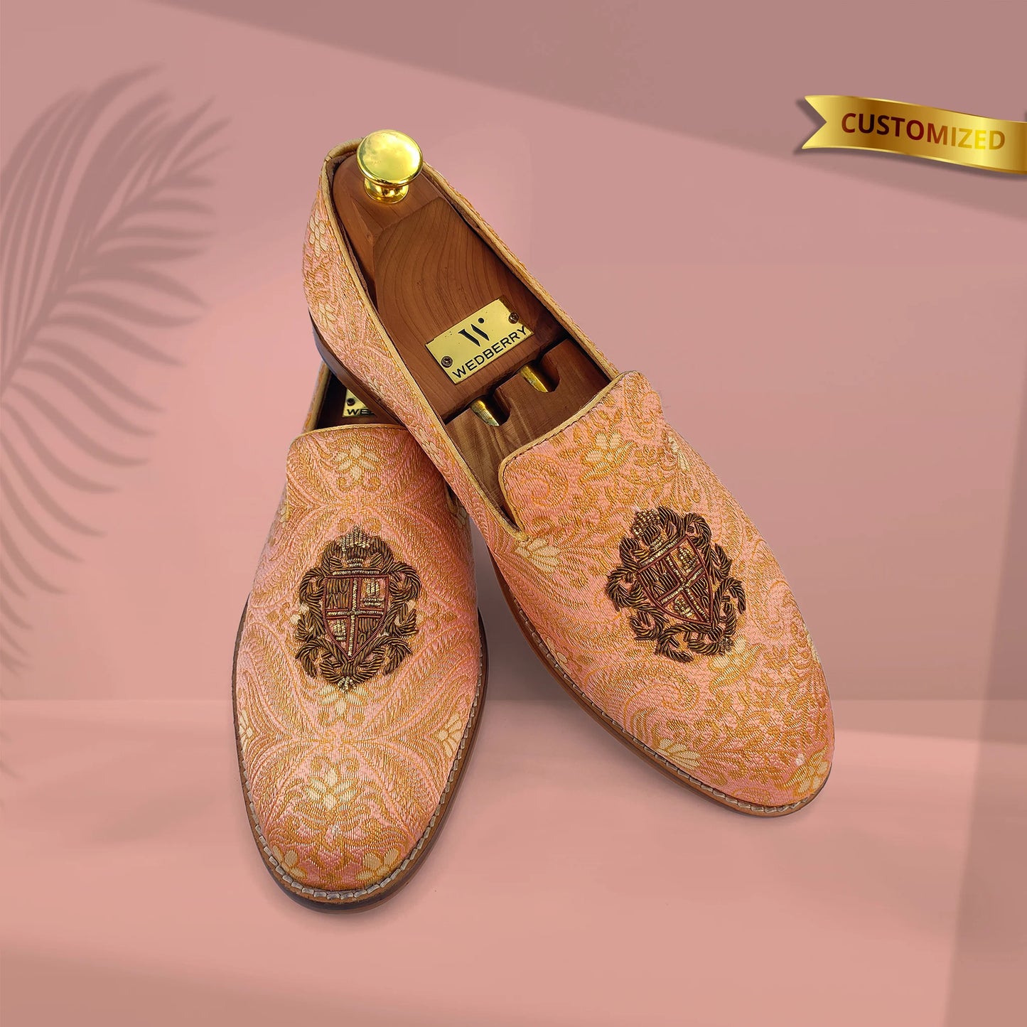 Peach and Gold Zardozi Handwork Loafer for Men