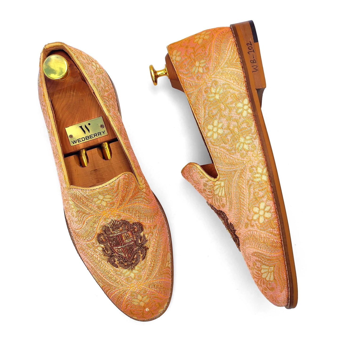 Peach and Gold Zardozi Handwork Loafer for Men