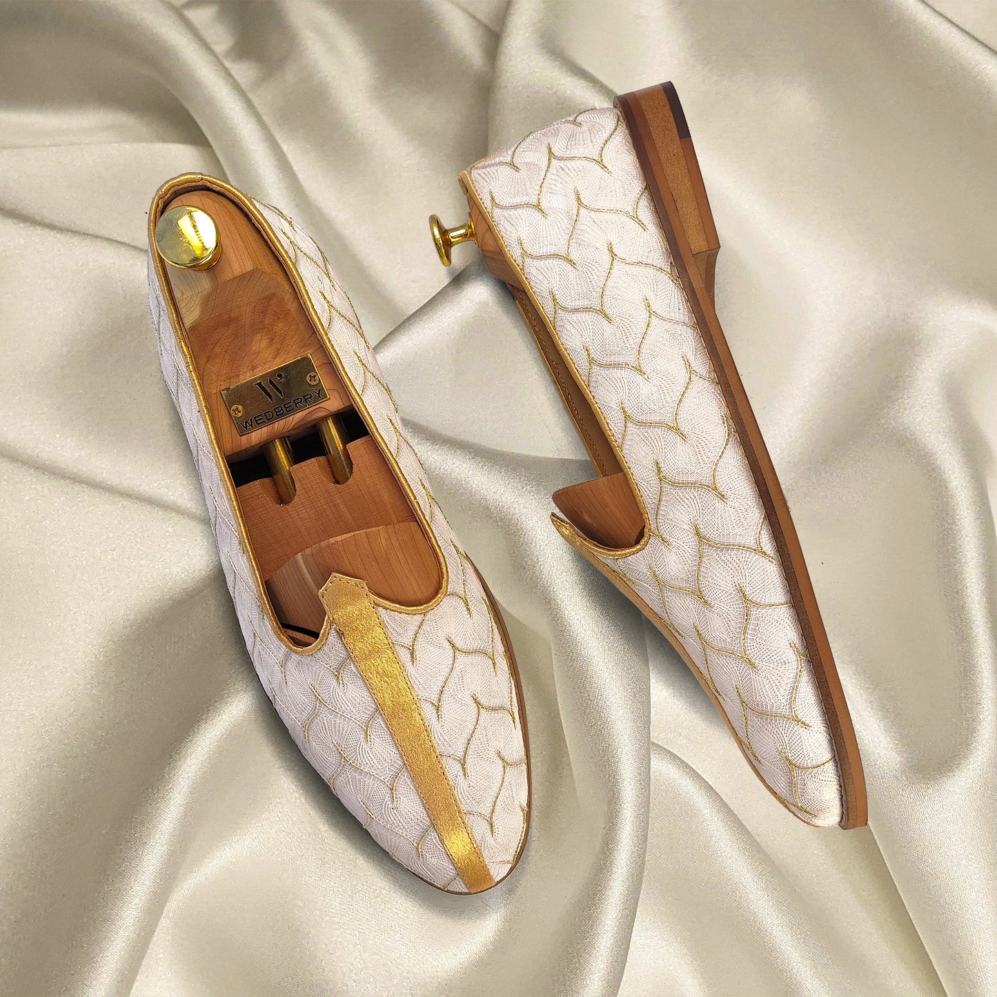Ivory White with Gold Embroidery Wedding Shoes Ethnic Loafers Mojari Slipon for Men