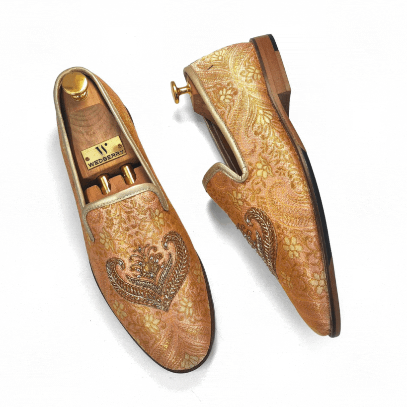 Peach and Gold Brocket Zardozi Handwork Loafer for Men