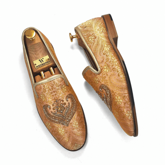 Peach and Gold Brocket Zardozi Handwork Loafer for Men