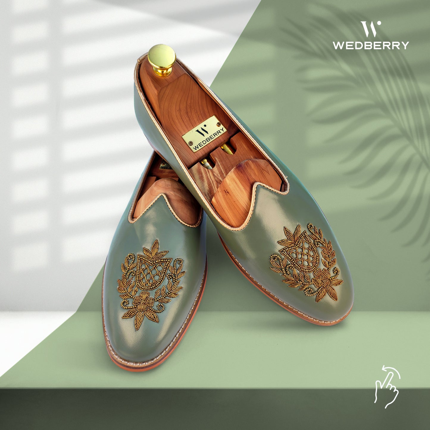 Russian Green Zardozi Handwork Wedding Ethnic Shoes Loafer for Men