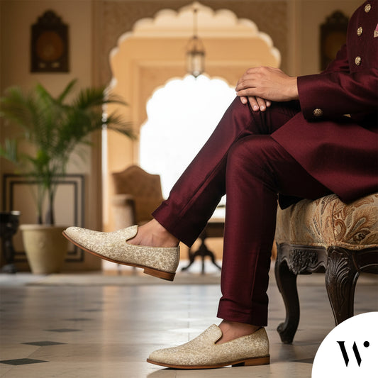 Light Biege and Self Embroidery Loafer Mojari Slipon for Men