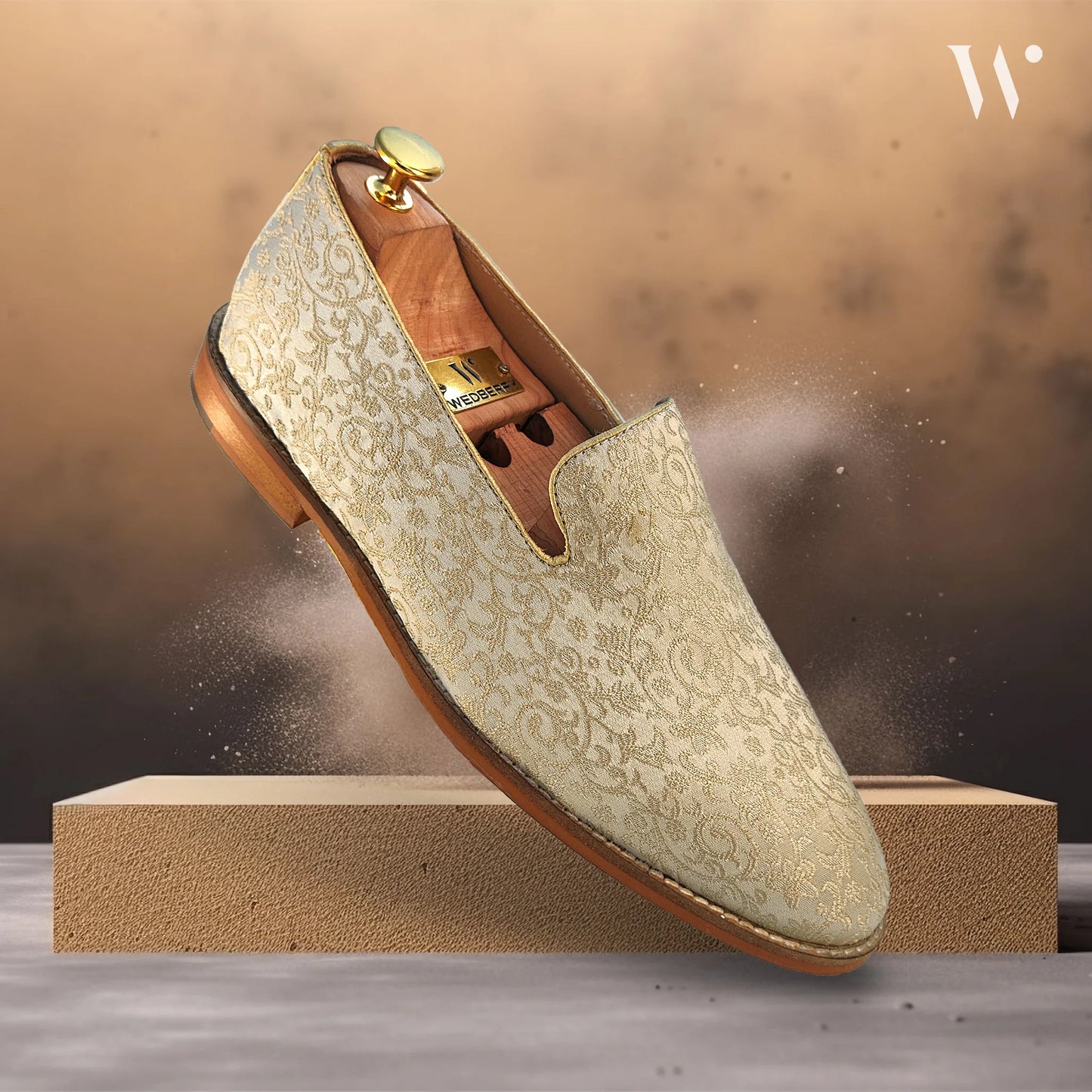 Light Biege and Self Embroidery Loafer Mojari Slipon for Men