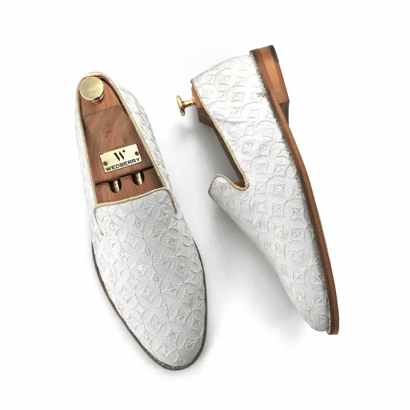 White Embroidery Mojari Shoes for Men