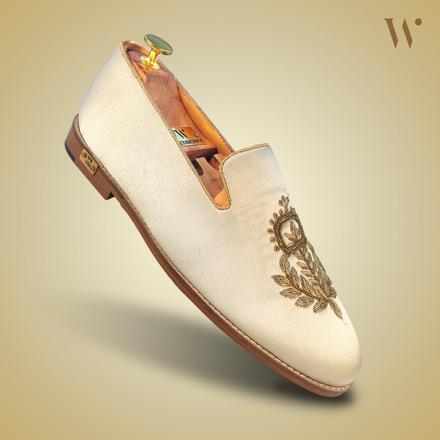 Ivory Satin Silk with Golden Zardozi Handwork Loafers for Men