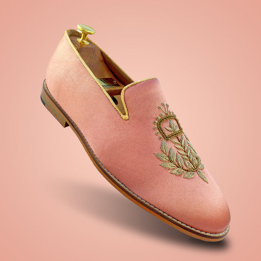 Peach Satin Silk with Golden Zardozi Handwork Loafers for Men