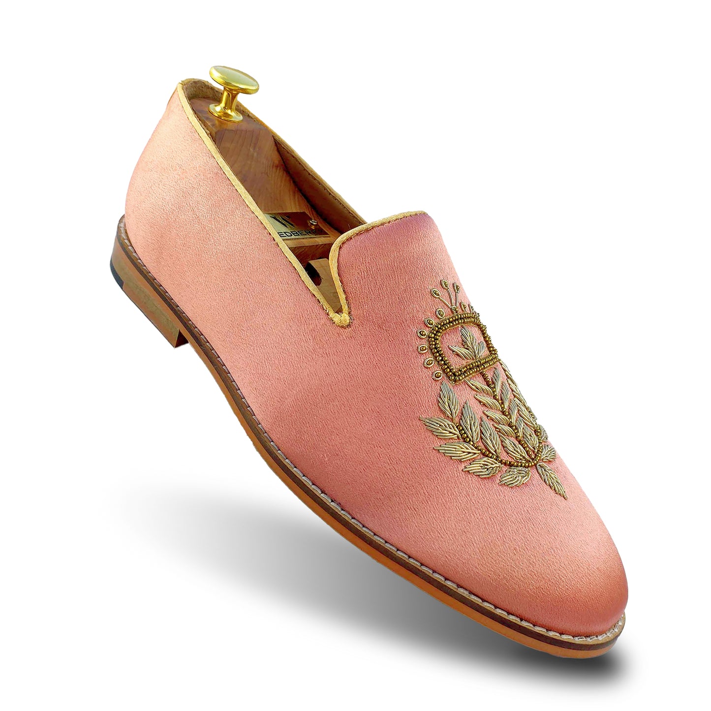 Peach Satin Silk with Golden Zardozi Handwork Loafers for Men