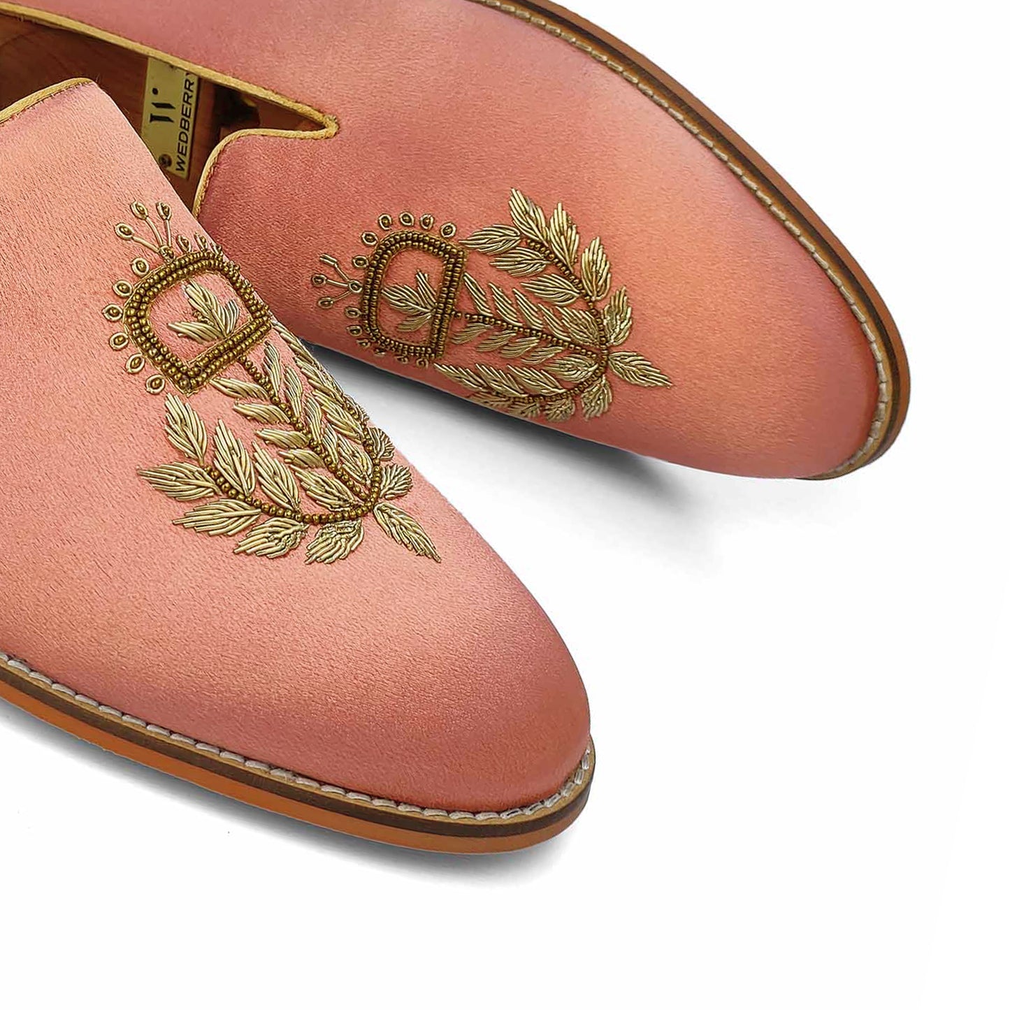 Peach Satin Silk with Golden Zardozi Handwork Loafers for Men