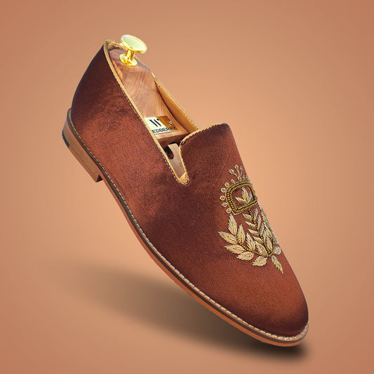 Brown Satin Silk with Golden Zardozi Handwork Loafers for Men
