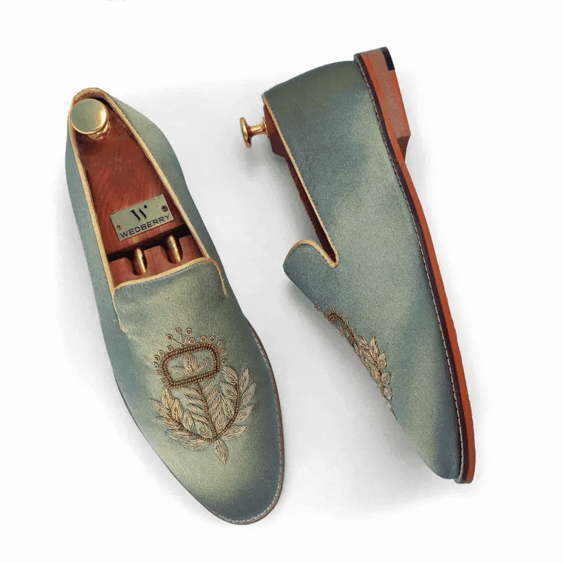 Pista Green Zardozi Handwork Wedding Ethnic Shoes for Men