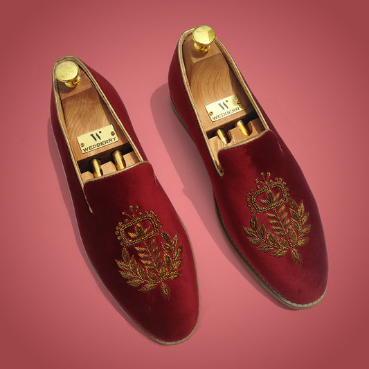 Maroon Velvet Gold Zardozi Handwork Wedding Ethnic Shoes for Men