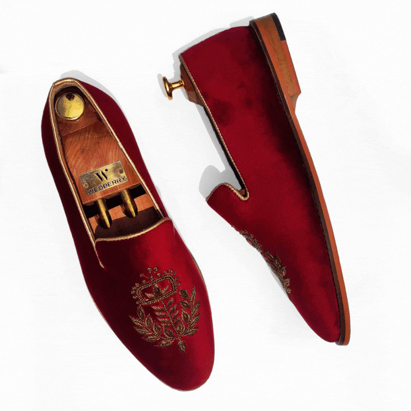 Maroon Velvet Gold Zardozi Handwork Wedding Ethnic Shoes for Men