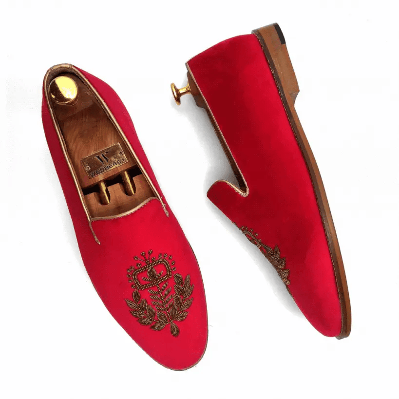 Red Velvet Zardozi Handwork Wedding Ethnic Shoes Loafer for Men