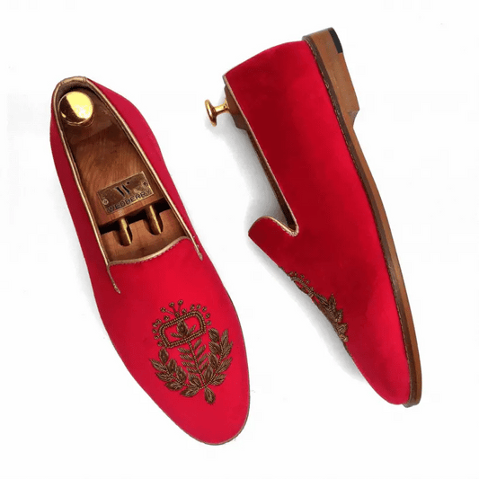 Red Velvet Zardozi Handwork Wedding Ethnic Shoes Loafer for Men