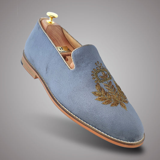 Grey Velvet Zardozi Wedding Ethnic Shoes Handwork for Men