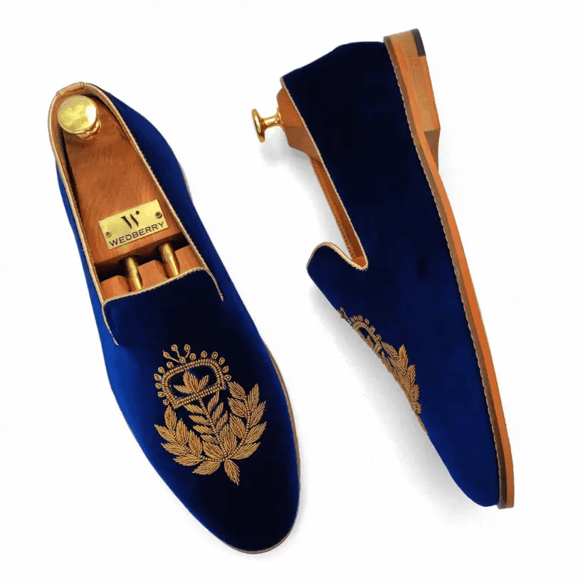 Navy Blue Velvet Zardozi Handwork Wedding Ethnic Shoes Party for Men