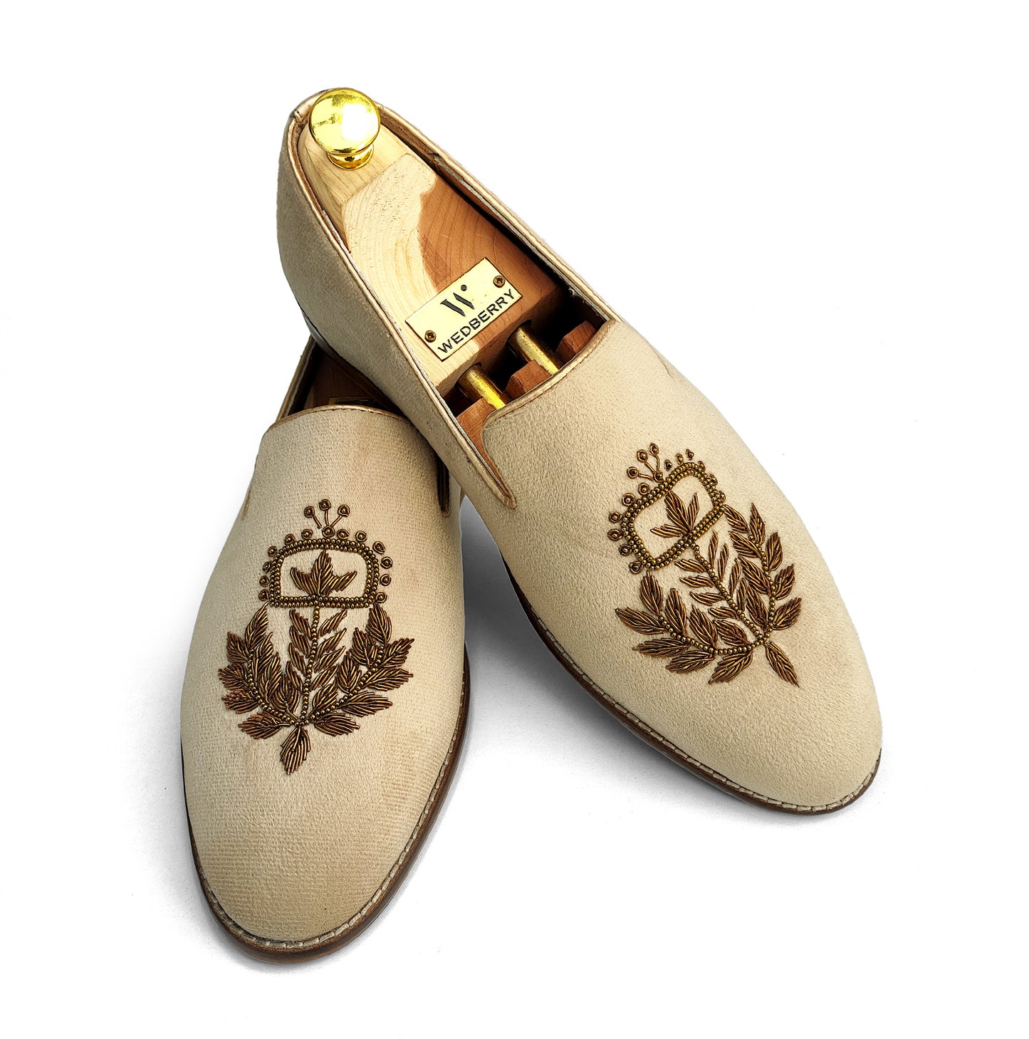 Beige Crème Velvet Handwork Loafers