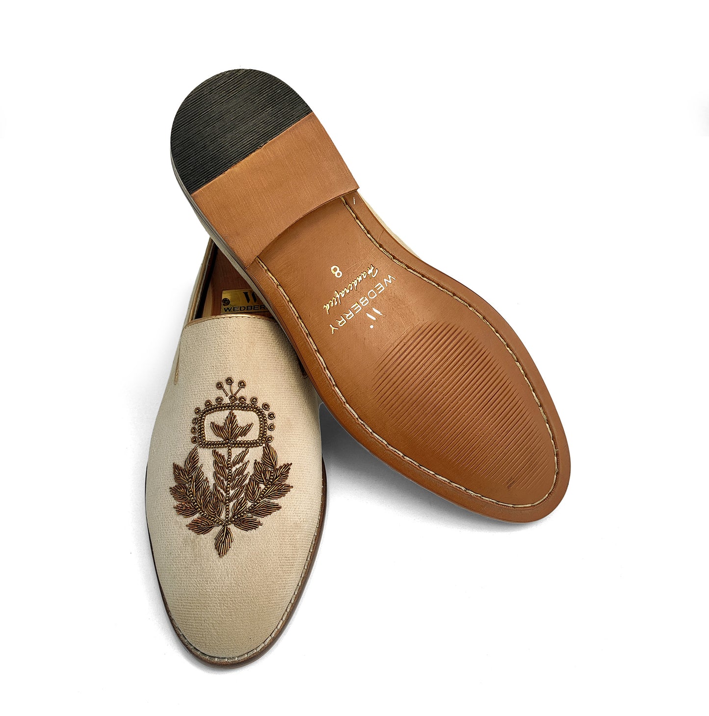 Beige Crème Velvet Handwork Loafers