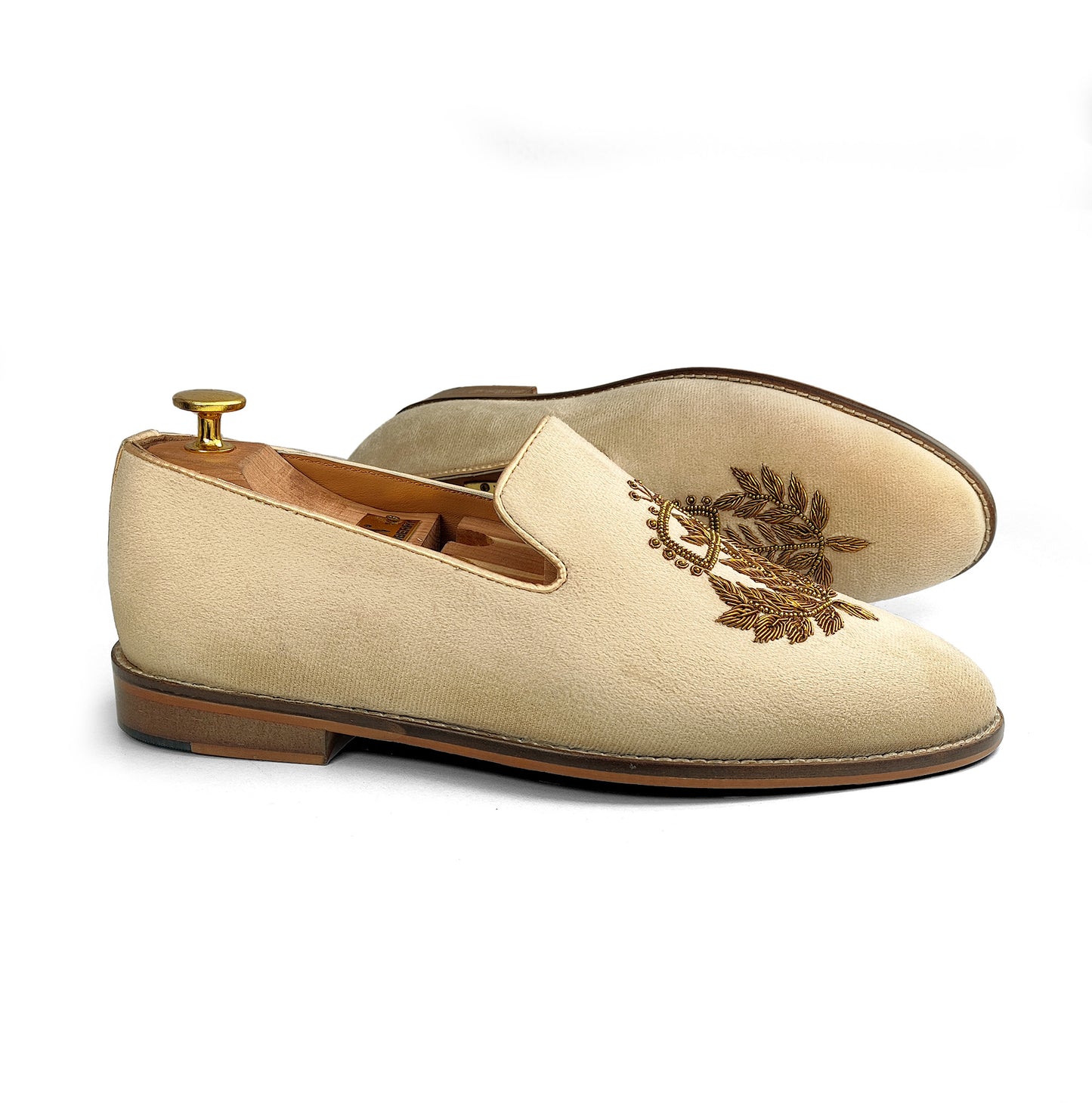 Beige Crème Velvet Handwork Loafers