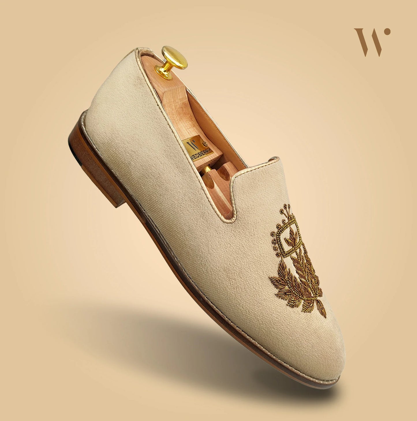 Beige Crème Velvet Handwork Loafers