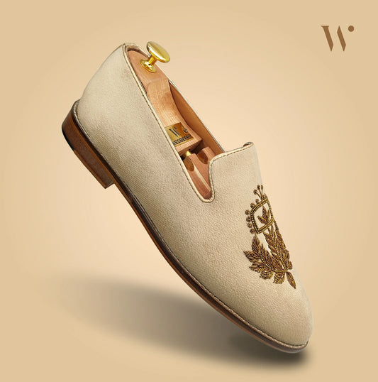 Beige Crème Velvet Handwork Loafers