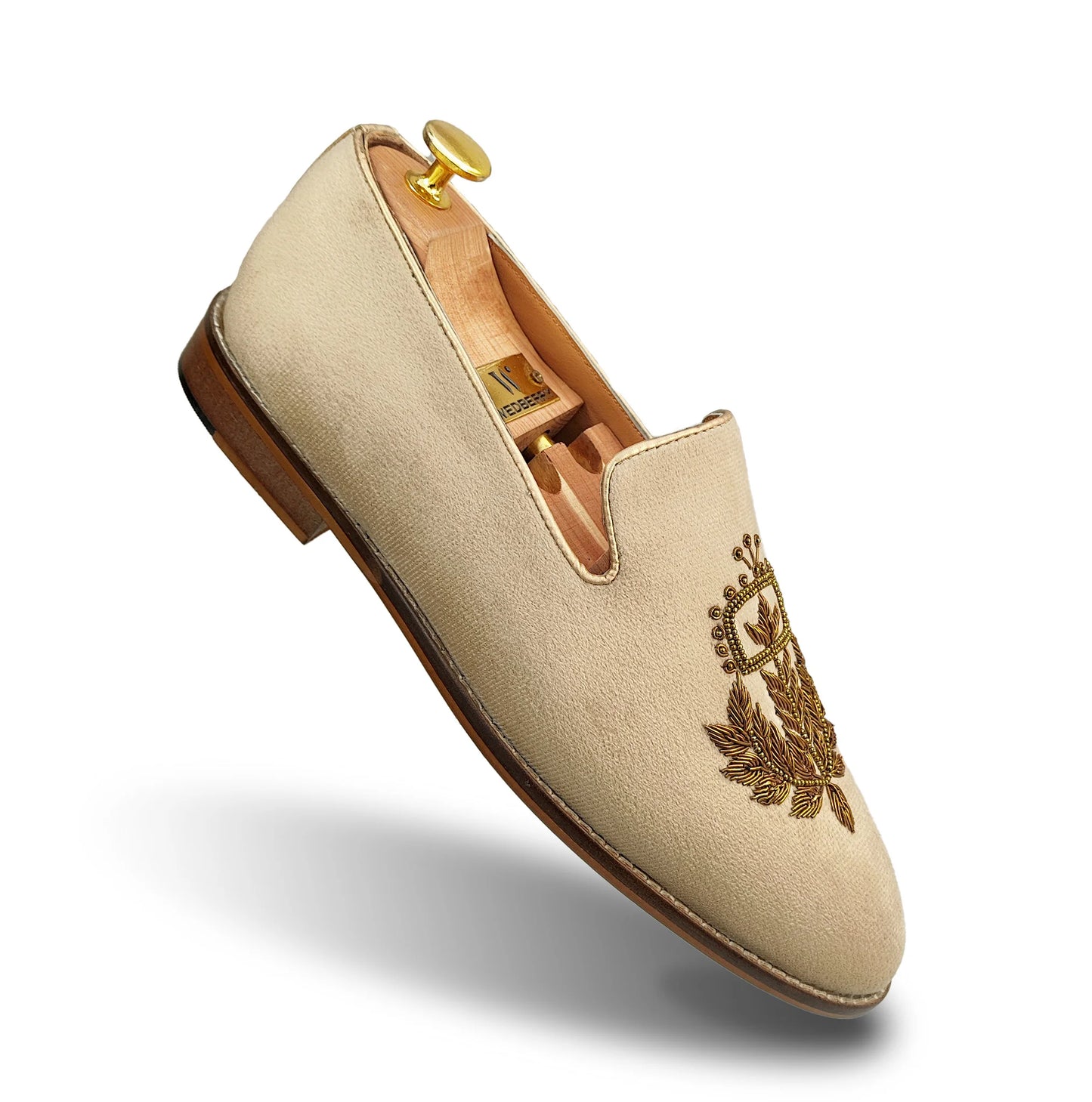 Beige Crème Velvet Handwork Loafers