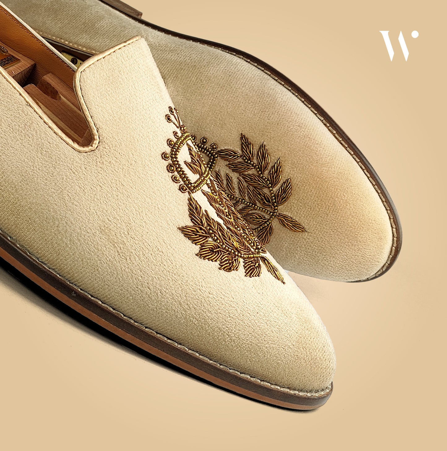 Beige Crème Velvet Handwork Loafers