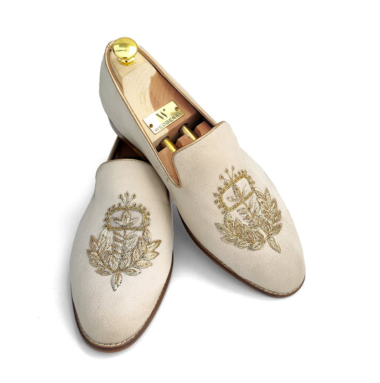 Light Creme Ivory Velvet Handwork Shoes