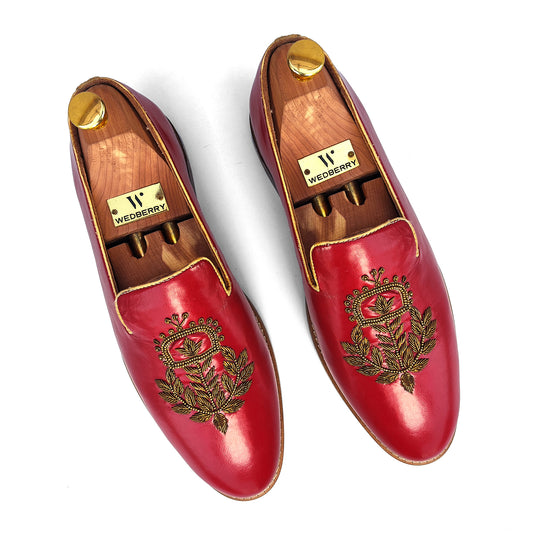 Cherry Gold Zardozi Handwork Slip-on Shoes for Men