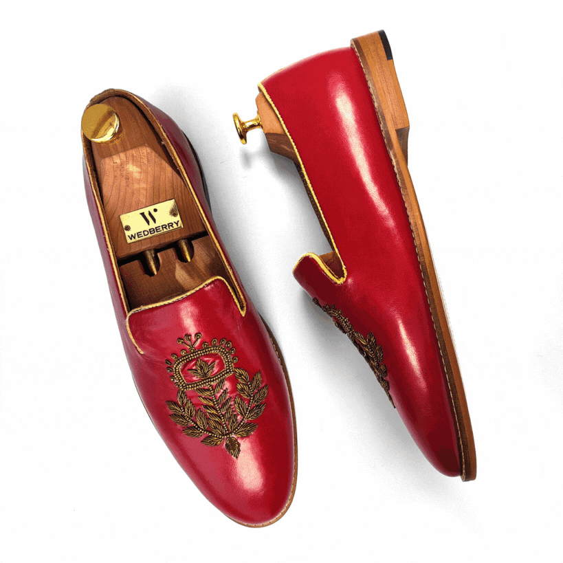 Cherry Gold Zardozi Handwork Slip-on Shoes for Men