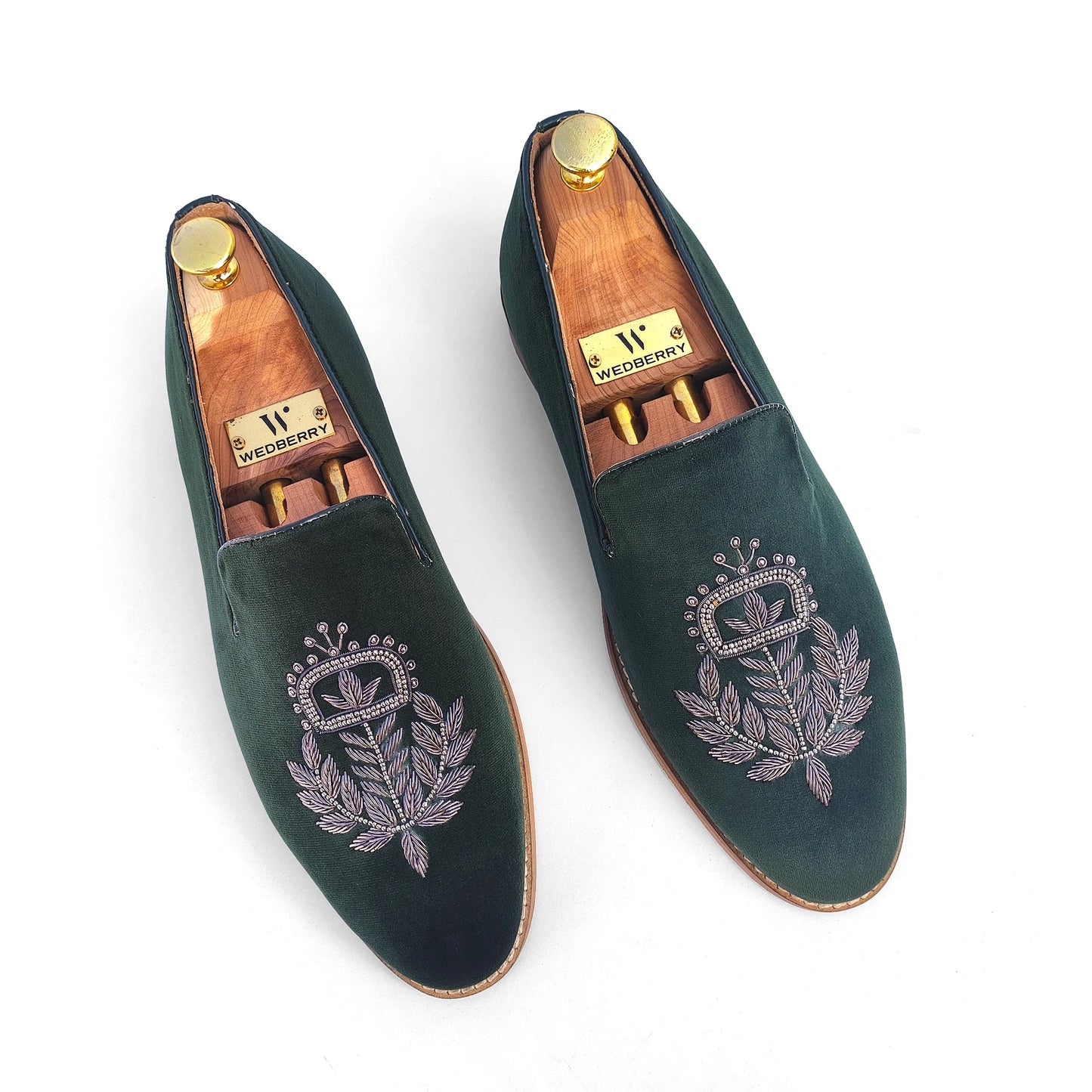 Forest Green Velvet Zardozi Wedding Ethic Shoes for Men